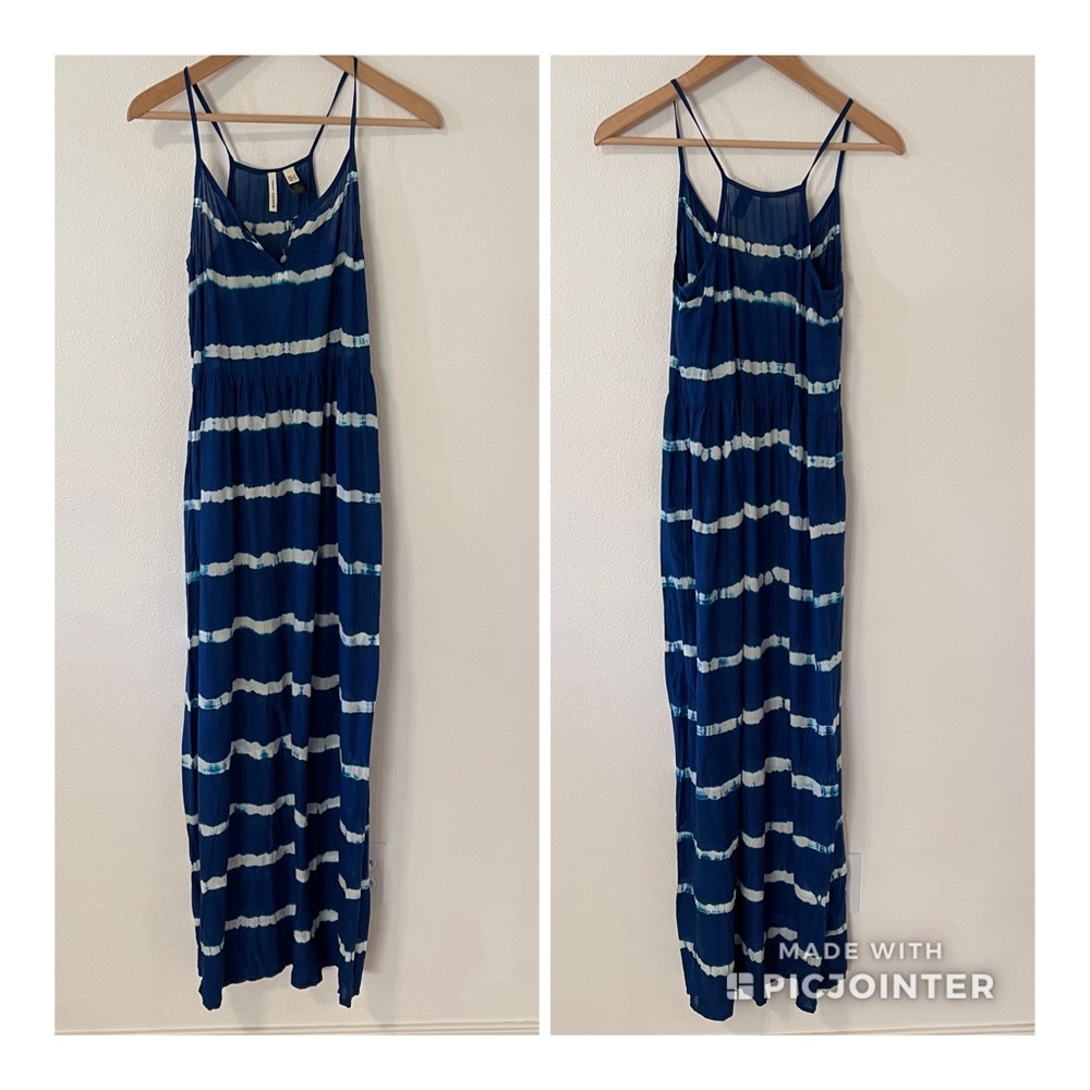 MNG Casual Blue Tie Stripe A-Line Maxi Dress Spaghetti Strap-S